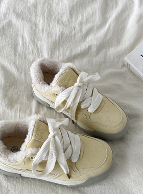 喜叔 厚底加绒黄色面包板鞋女2025新款冬季休闲运动鞋保暖二棉鞋