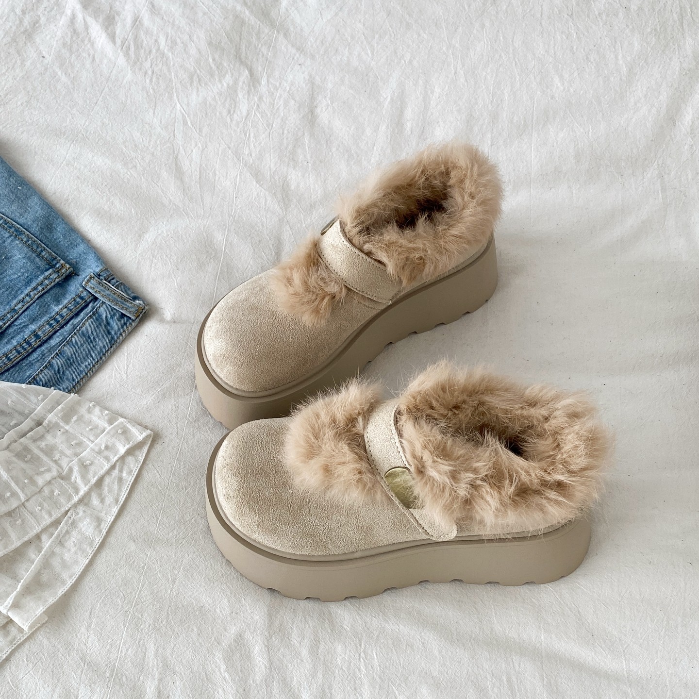 喜叔米白厚底增高毛绒勃肯鞋女2025新款冬季外穿保暖加绒雪地棉鞋,女鞋,勃肯鞋/软木鞋,淘宝优惠券,粉丝福利购,淘宝优惠卷