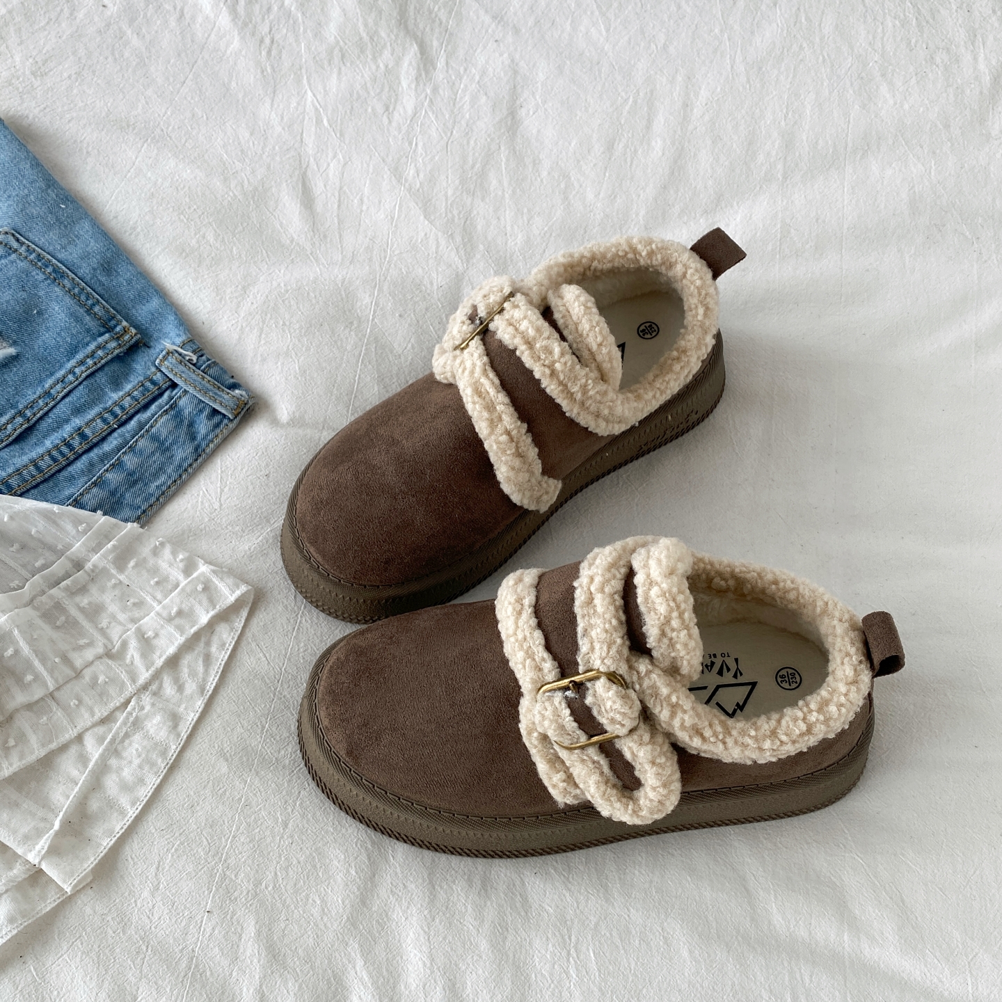 复古棕色厚底毛绒雪地靴面包棉鞋