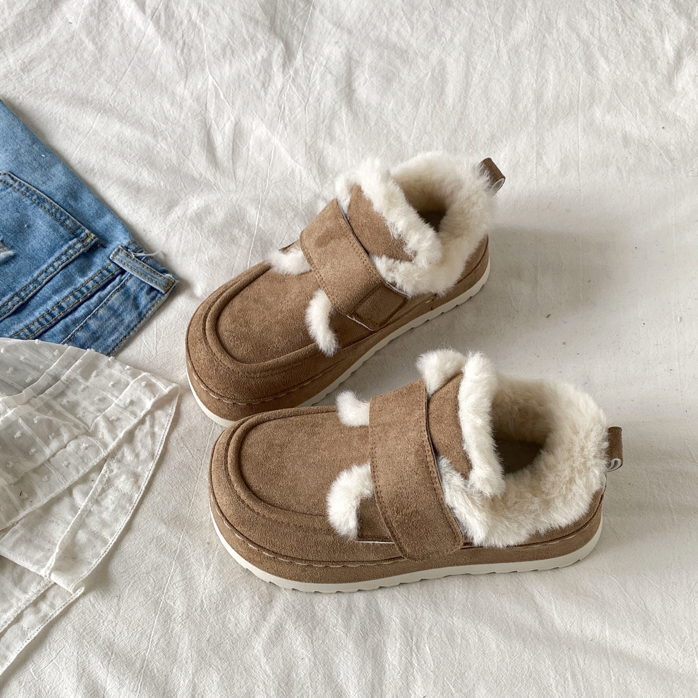 复古棕色厚底勃肯棉鞋保暖毛毛鞋