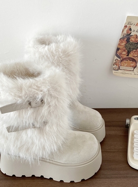 喜叔白色加绒加厚毛毛雪地靴女2025新款冬季增高厚底棉鞋勃肯棉靴