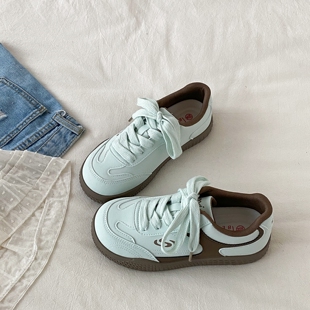 喜叔丑萌小众薄荷绿德训鞋女款秋冬复古圆头板鞋厚底休闲运动鞋子