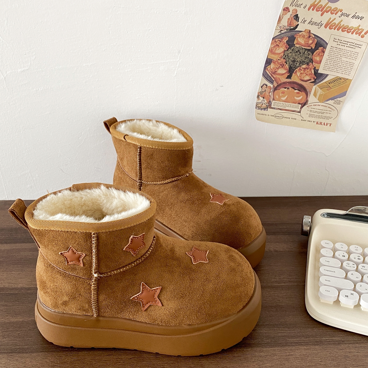 复古棕色星星雪地靴厚底增高棉鞋