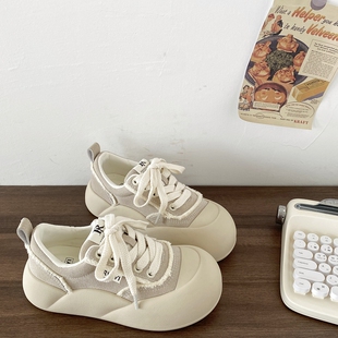 喜叔丑萌厚底圆头板鞋女款春秋chic小众百搭面包鞋休闲运动小白鞋