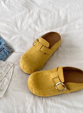 喜叔黄色厚底一脚蹬勃肯鞋女2026春季新款内增高包头半拖鞋懒人鞋