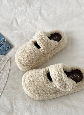 喜叔白色复古厚底毛毛拖鞋女外穿秋冬保暖加绒包头半拖鞋勃肯棉鞋