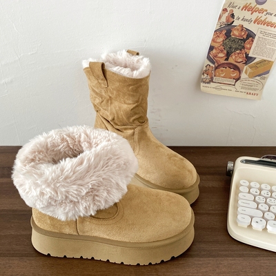 复古厚底增高毛绒雪地靴翻边短靴