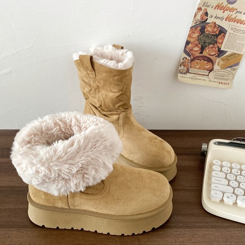 复古厚底增高毛绒雪地靴翻边短靴