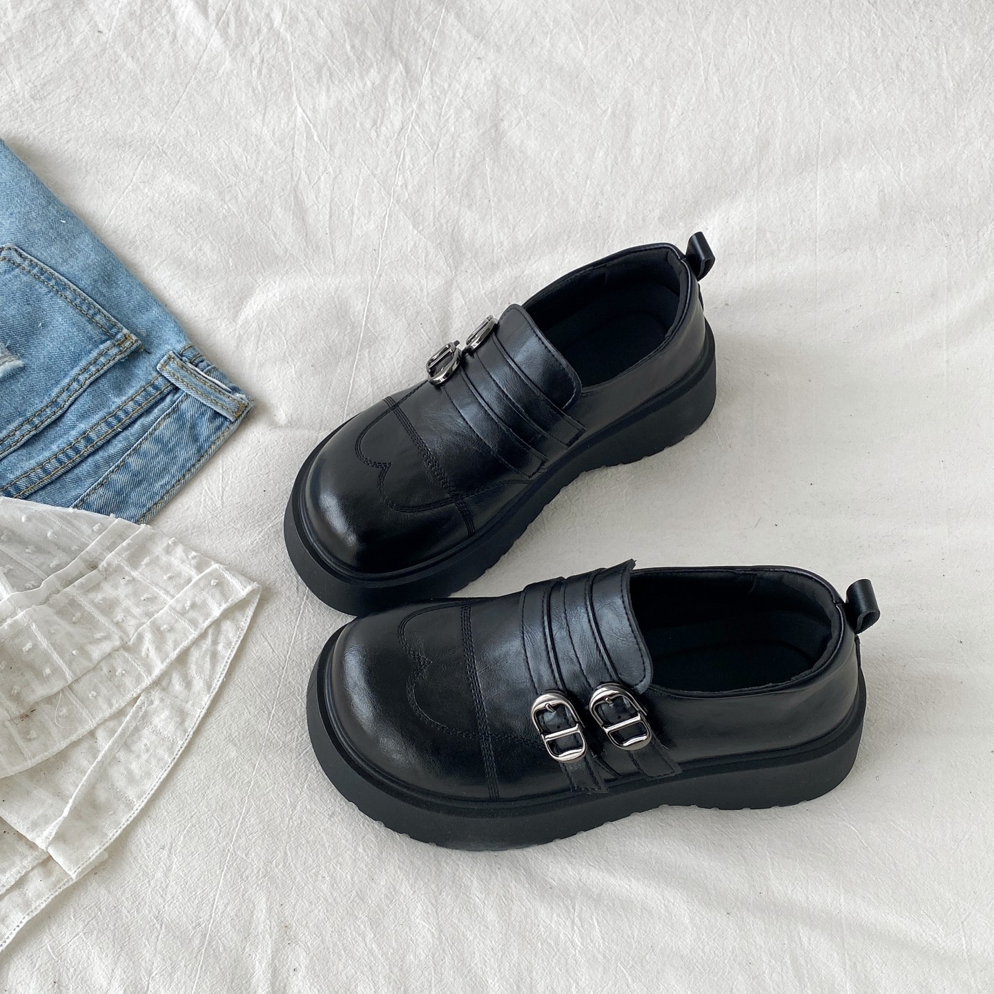 喜叔 英伦风黑色厚底乐福鞋女复古百搭圆头小皮鞋配裙子增高单鞋,女鞋,乐福鞋（豆豆鞋）,淘宝优惠券,粉丝福利购,淘宝优惠卷