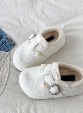 喜叔白色厚底毛呢勃肯鞋女2025新款秋冬外穿加绒保暖包头毛毛拖鞋