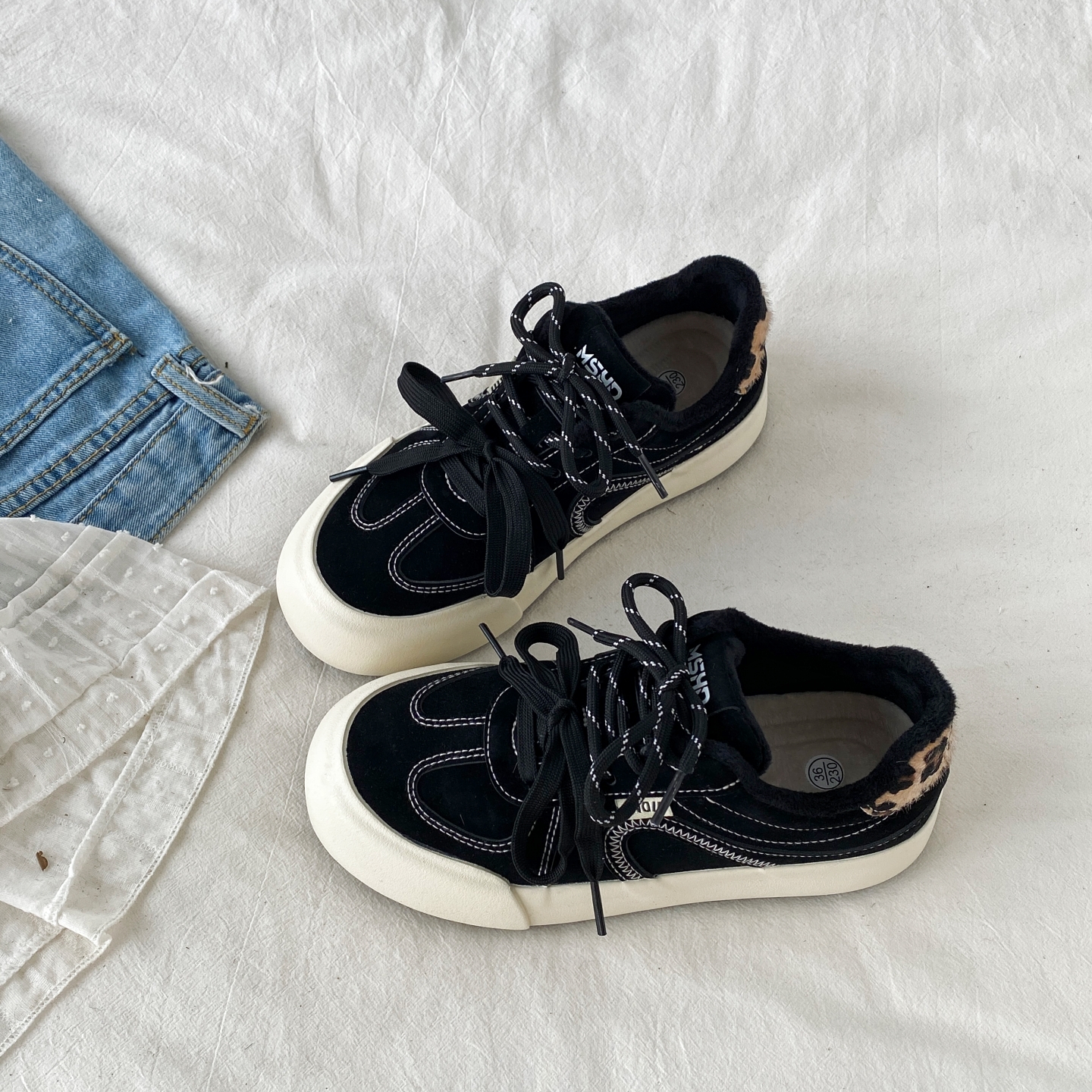 黑色豹纹二棉鞋冬天加绒德训板鞋