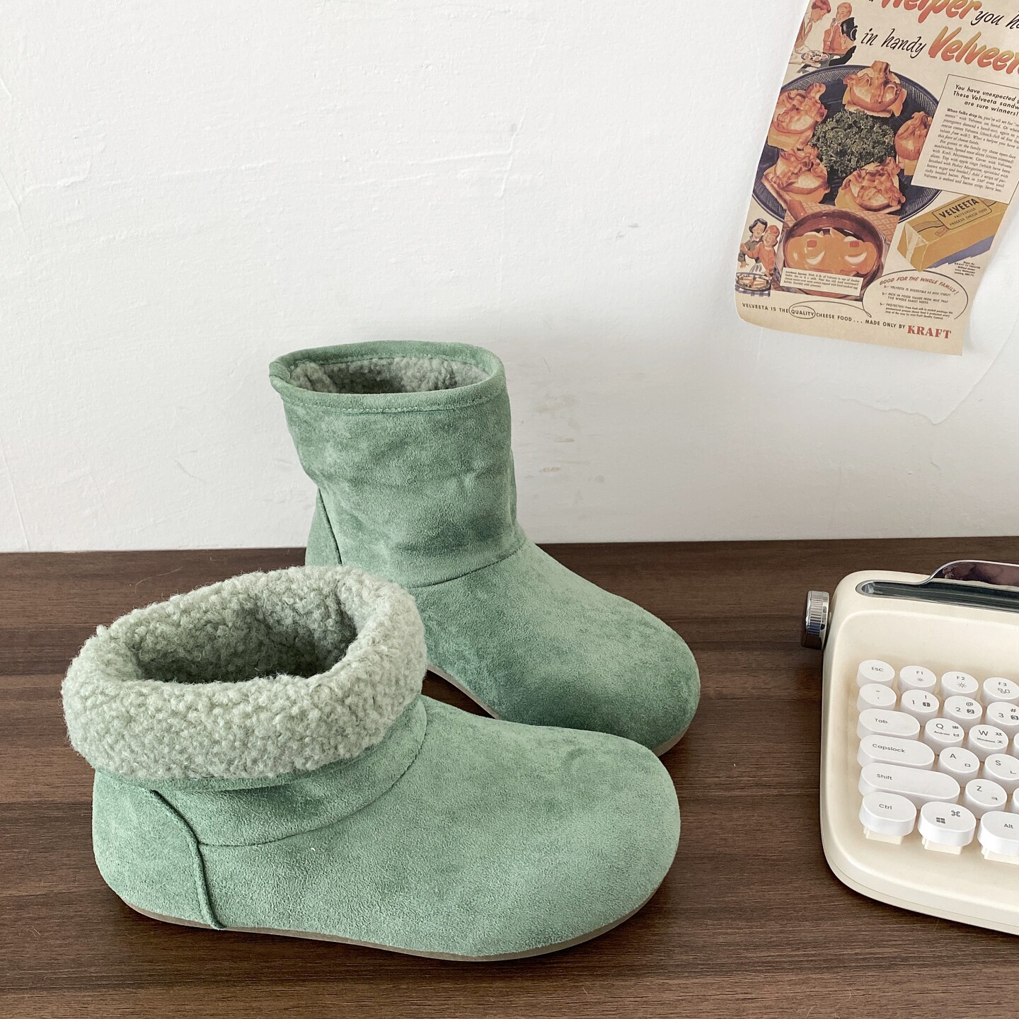 喜叔复古绿色毛绒雪地靴女2025新款冬季加绒保暖棉鞋平底毛毛短靴,女鞋,时尚雪地靴,淘宝优惠券,粉丝福利购,淘宝优惠卷