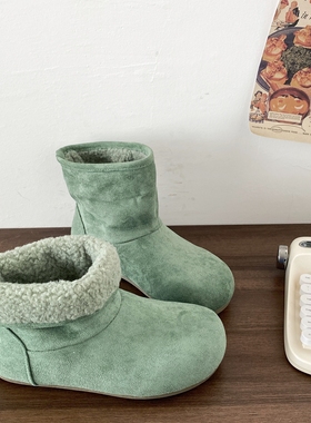 喜叔复古绿色毛绒雪地靴女2025新款冬季加绒保暖棉鞋平底毛毛短靴