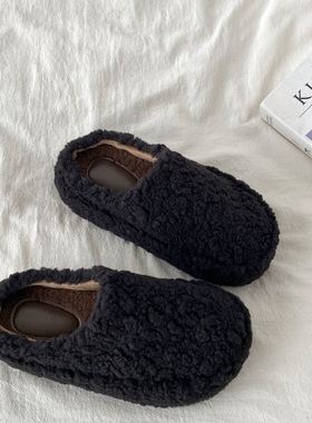喜叔厚底包头黑色毛毛拖鞋女款秋冬外穿保暖加绒一脚蹬防滑棉拖鞋