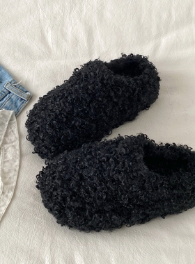 喜叔 黑色厚底卷毛棉拖鞋女款秋冬外穿2025新款加绒保暖毛毛拖鞋