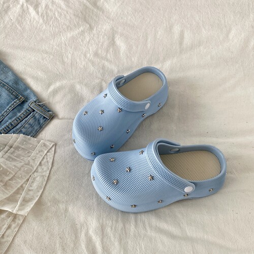 奶蓝色星星包头半拖鞋厚底凉拖鞋