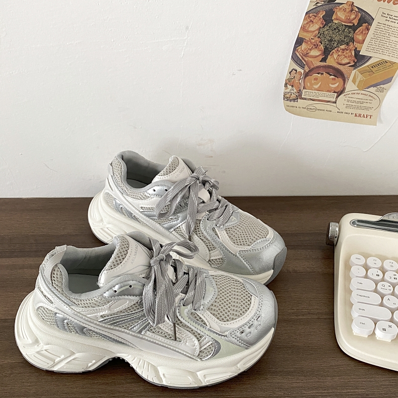 喜叔 港风复古银色厚底老爹鞋女款显脚小增高透气休闲运动鞋ins潮
