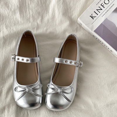 银色圆头一字扣玛丽珍小皮鞋单鞋