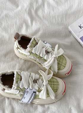 喜叔原创小众绿色开口笑帆布鞋女2025春季新款厚底板鞋超火乞丐鞋