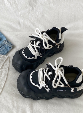 喜叔 黑色厚底增高玛丽珍运动鞋女ins潮丑萌大头面包鞋休闲老爹鞋