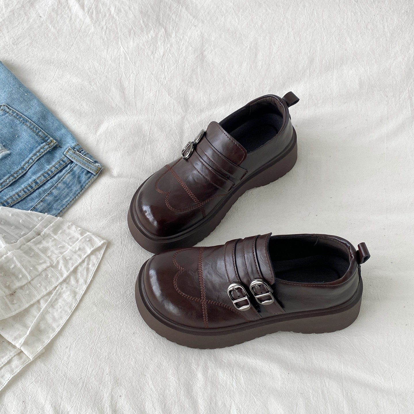 喜叔棕色复古圆头厚底小皮鞋女2026春季新款增高乐福鞋配裙子单鞋,女鞋,乐福鞋（豆豆鞋）,淘宝优惠券,粉丝福利购,淘宝优惠卷