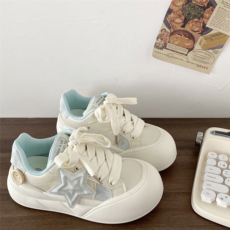 喜叔 云朵星星板鞋女小众厚底增高小白鞋2024新款秋季休闲面包鞋,女鞋,时尚休闲鞋,淘宝优惠券,粉丝福利购,淘宝优惠卷