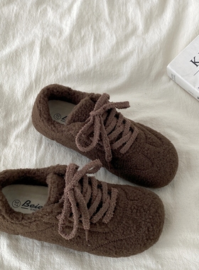 喜叔羊羔毛保暖平底二棉鞋女2025冬季新款加绒加厚德训板鞋毛毛鞋