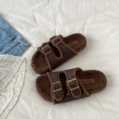 喜叔复古棕色勃肯毛毛拖鞋 女外穿2025新款 秋冬保暖加绒一字扣棉拖