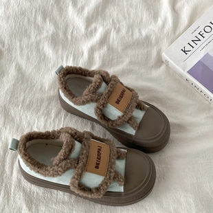 喜叔薄荷生巧二棉鞋女2025秋冬新款复古厚底加绒魔术贴板鞋小白鞋