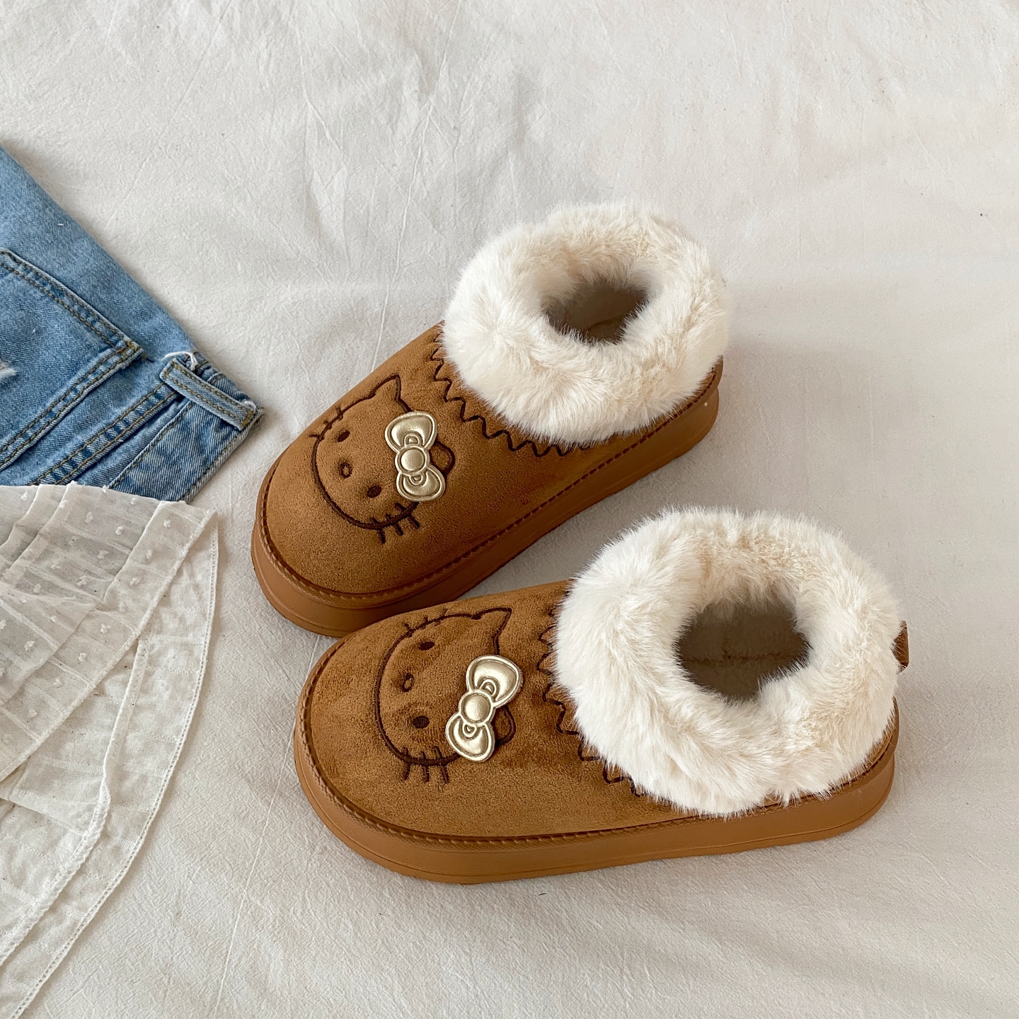 可爱卡通KT猫厚底雪地靴外穿棉拖