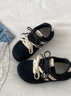 喜叔 小众复古黑色厚底德训鞋女款ins潮双鞋带阿甘鞋休闲运动板鞋