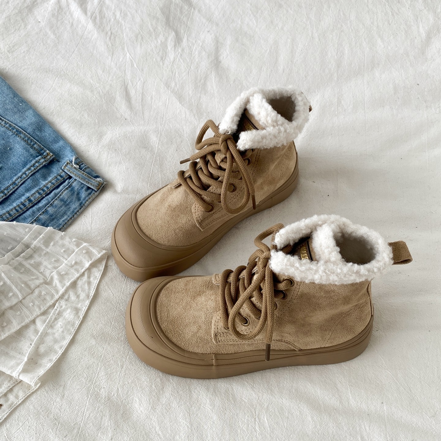 棕色厚底加绒马丁靴高帮二棉女鞋