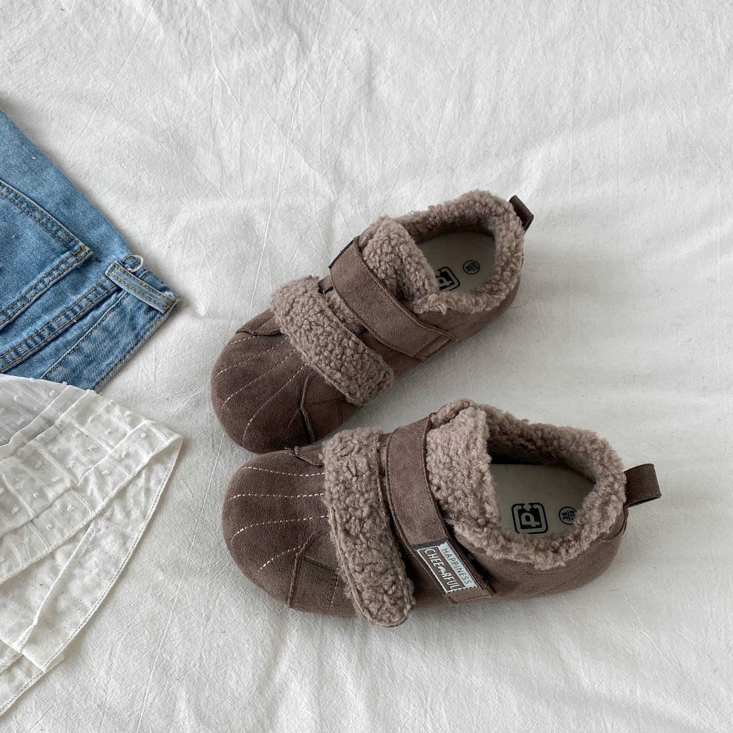 丑萌灰色魔术贴棉鞋加绒毛毛板鞋