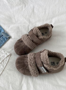 喜叔灰色小众魔术贴二棉鞋女2025新款冬季加绒板鞋外穿保暖毛毛鞋