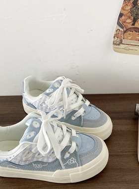 喜叔爆款蓝色Kitty猫板鞋女2025春季新款ins小众厚底面包鞋小白鞋