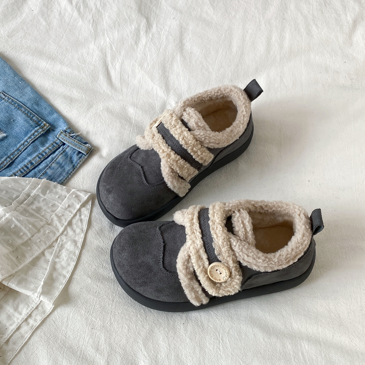 丑萌大头魔术贴棉鞋毛绒勃肯鞋子