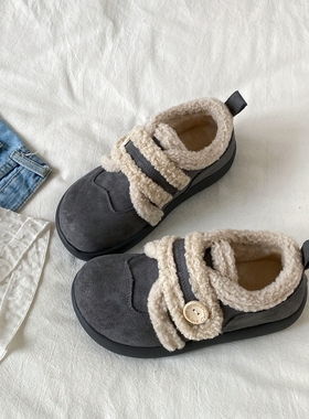 喜叔丑萌灰色加绒魔术贴棉鞋女2025新款冬季保暖勃肯毛毛鞋雪地靴