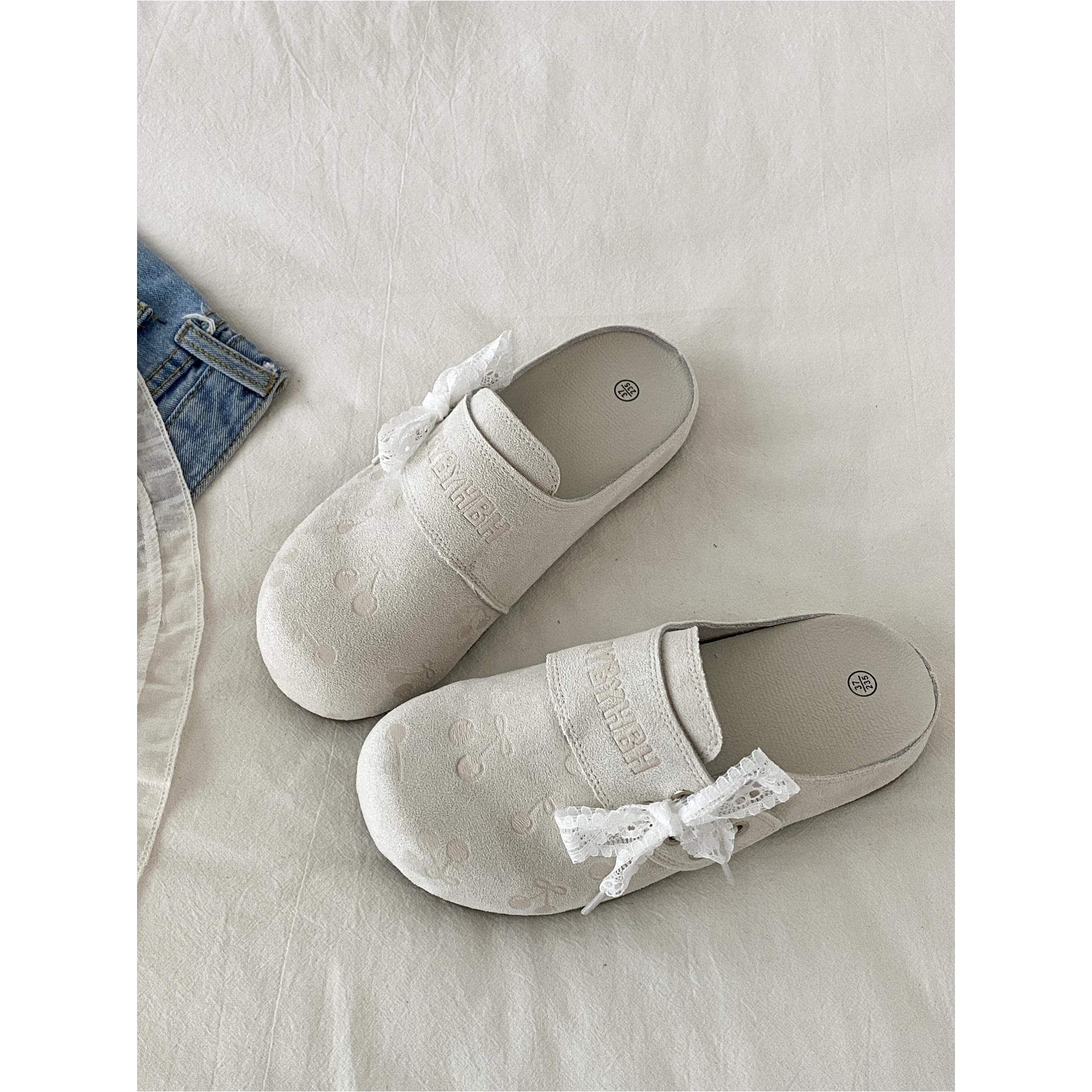 超火蕾丝蝴蝶结包头拖鞋一脚蹬