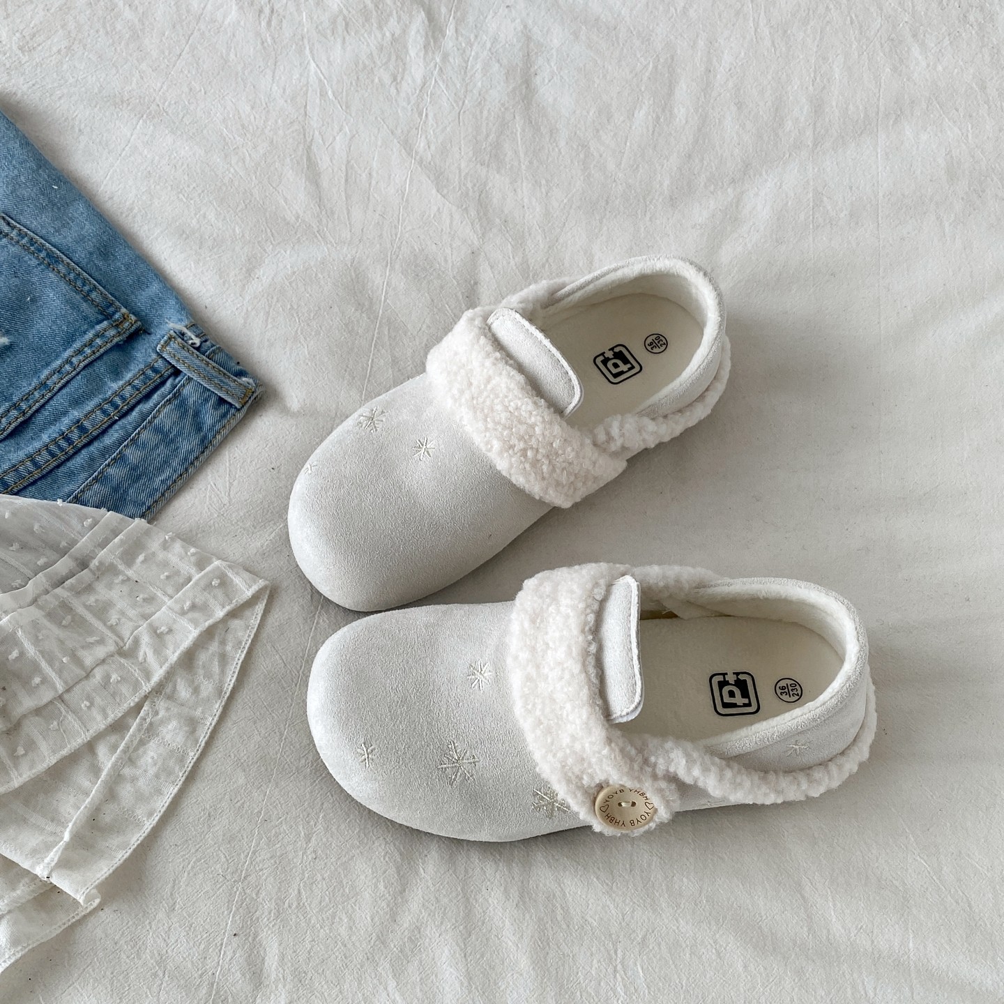白色雪花勃肯棉鞋全包穆勒毛毛鞋