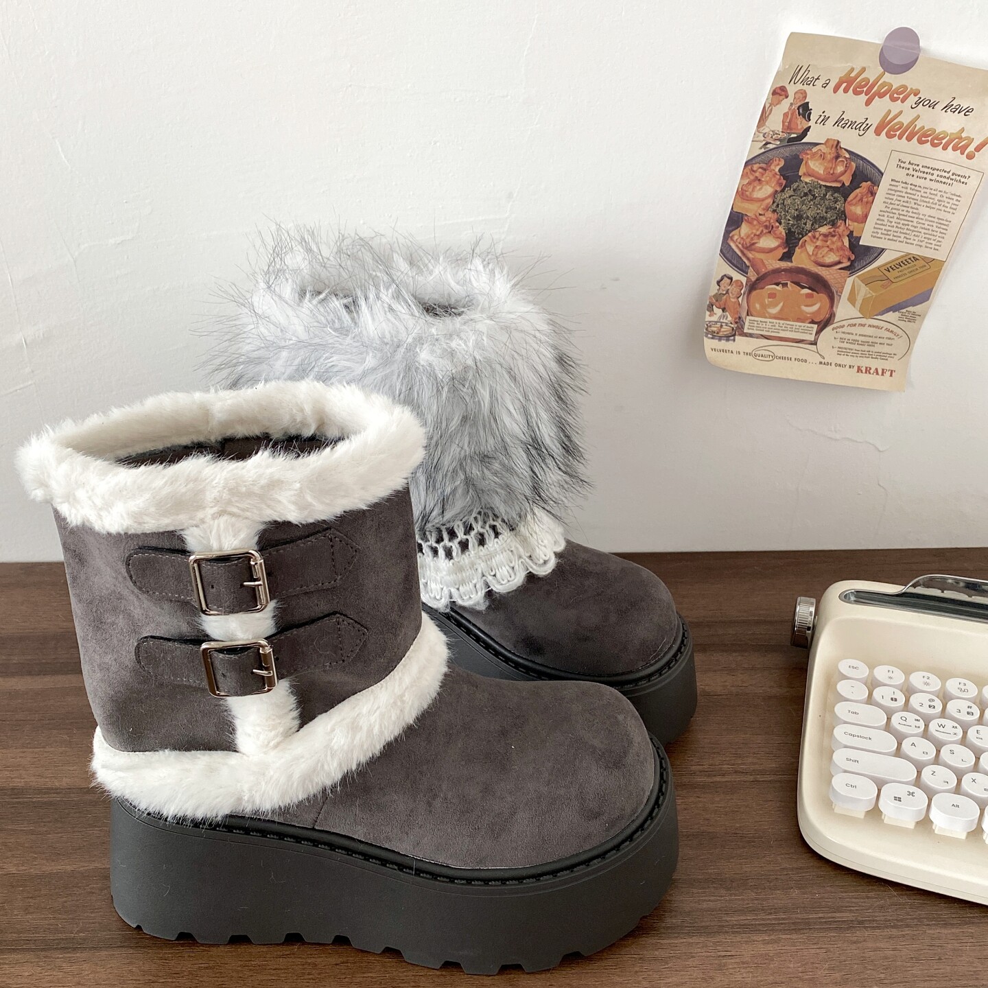 喜叔可拆卸灰色厚底费尔岛雪地靴女款冬季时尚棉靴保暖毛毛短靴子,女鞋,时尚雪地靴,淘宝优惠券,粉丝福利购,淘宝优惠卷