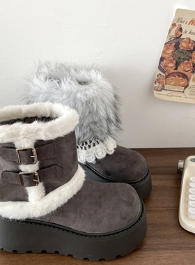 喜叔可拆卸灰色厚底费尔岛雪地靴女款冬季时尚棉靴保暖毛毛短靴子