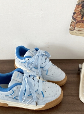 喜叔奶蓝色厚底板鞋女2025新款春秋百搭面包鞋复古小众休闲运动鞋