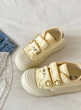 喜叔 丑萌黄色魔术贴帆布鞋女款ins潮小众厚底板鞋学生休闲面包鞋