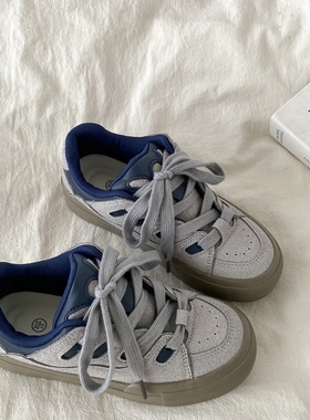 喜叔小众灰蓝色面包鞋女2025新款秋冬百搭厚底板鞋复古运动休闲鞋