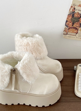 喜叔白色松糕厚底毛毛雪地靴女冬季小个子增高保暖防滑棉鞋短靴子