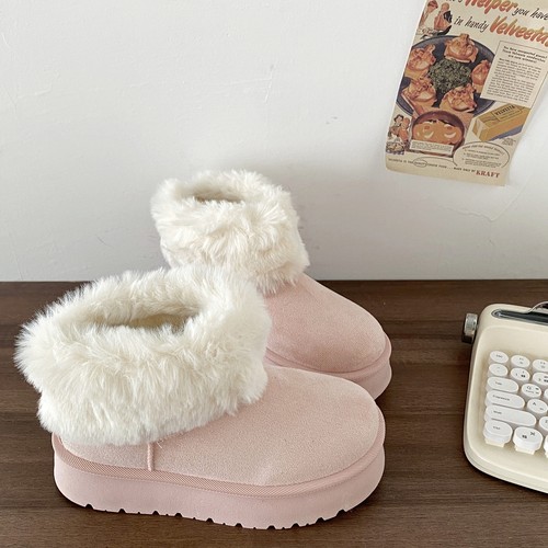 粉色厚底毛绒雪地靴东北面包棉鞋