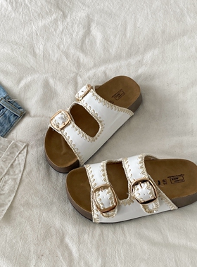 喜叔 白色厚底一字拖鞋女外穿2026春夏新款勃肯鞋复古沙滩凉拖鞋