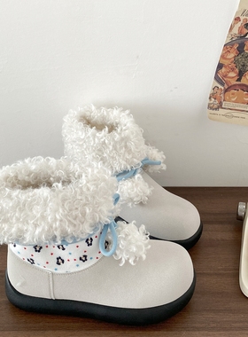 喜叔白色平底加绒雪地靴女2025新款冬季休闲保暖短靴东北毛毛棉鞋