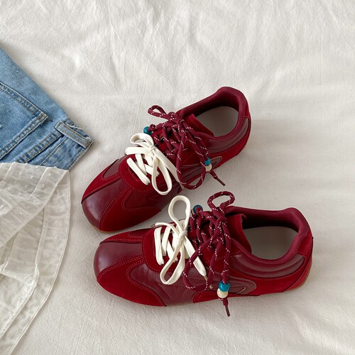 复古红色内增高德训鞋串珠阿甘鞋