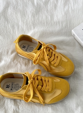 喜叔芭蕾风黄色丝绸德训鞋女2025春夏爆款休闲运动板鞋软底阿甘鞋